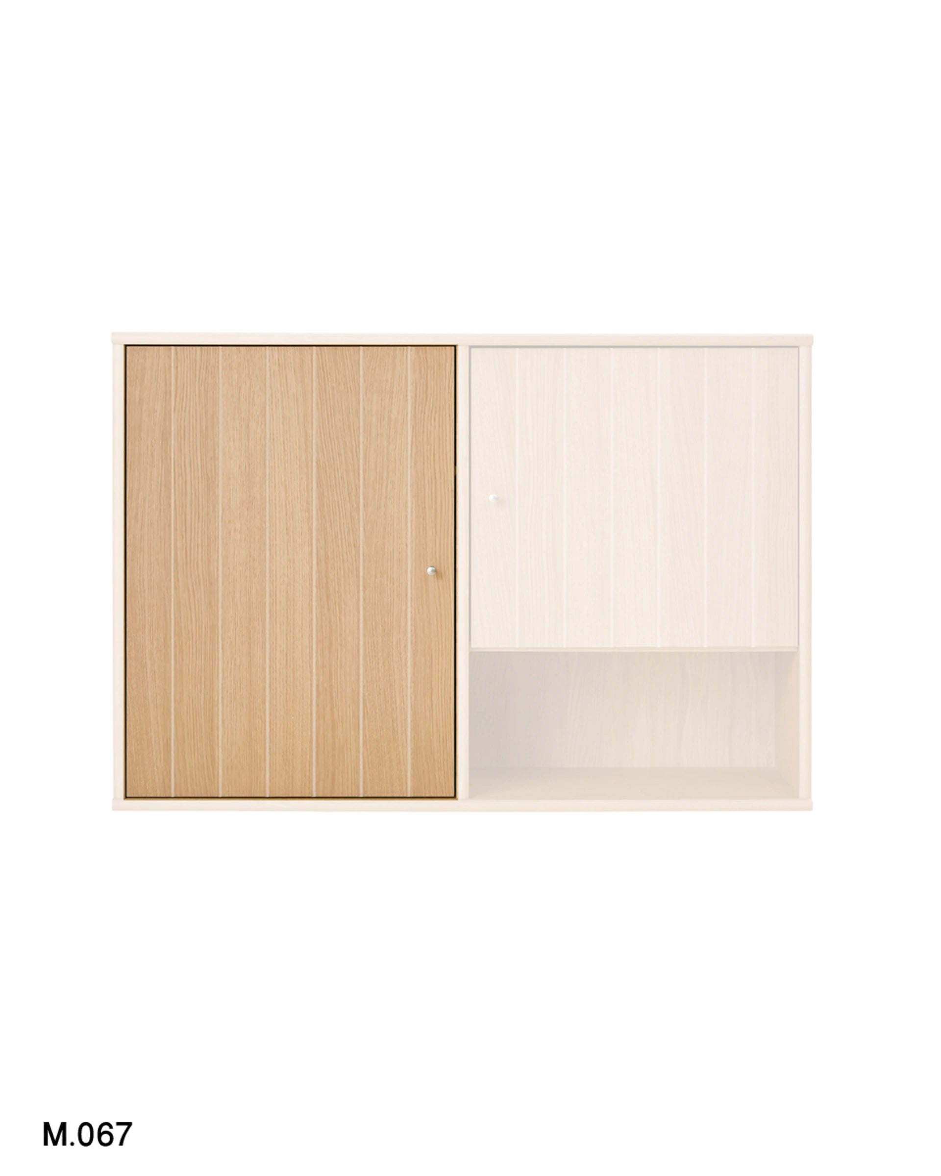 A modern wall-mounted storage cabinet with a split design: one side features a light natural wood paneled door, and the other side has an open shelf in a warm off-white finish. The product is shown against a plain white background with a model number 'M.