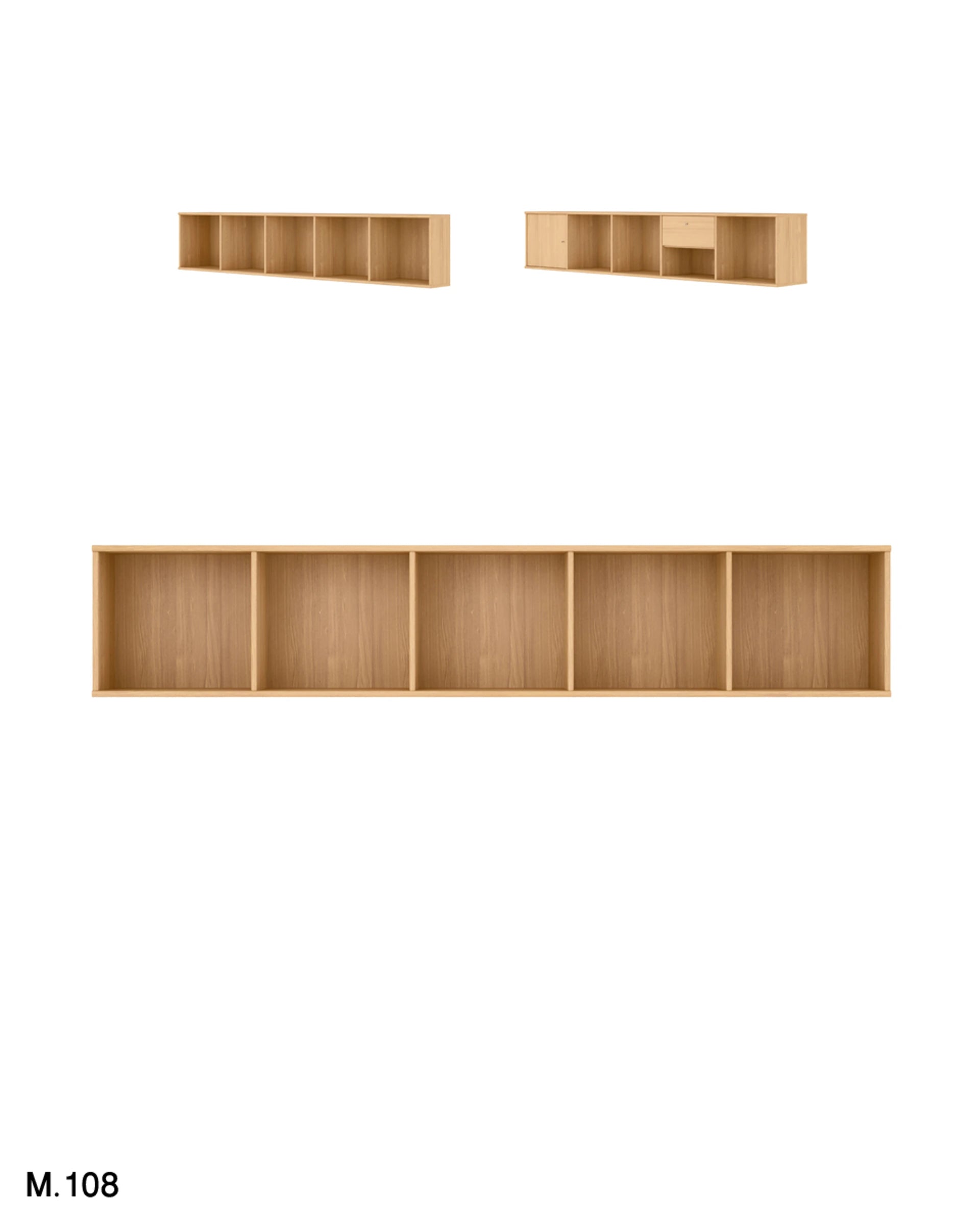 Three views of a light natural wood wall-mounted shelving unit on a white background, with the model number M.108 in the bottom-left corner.
