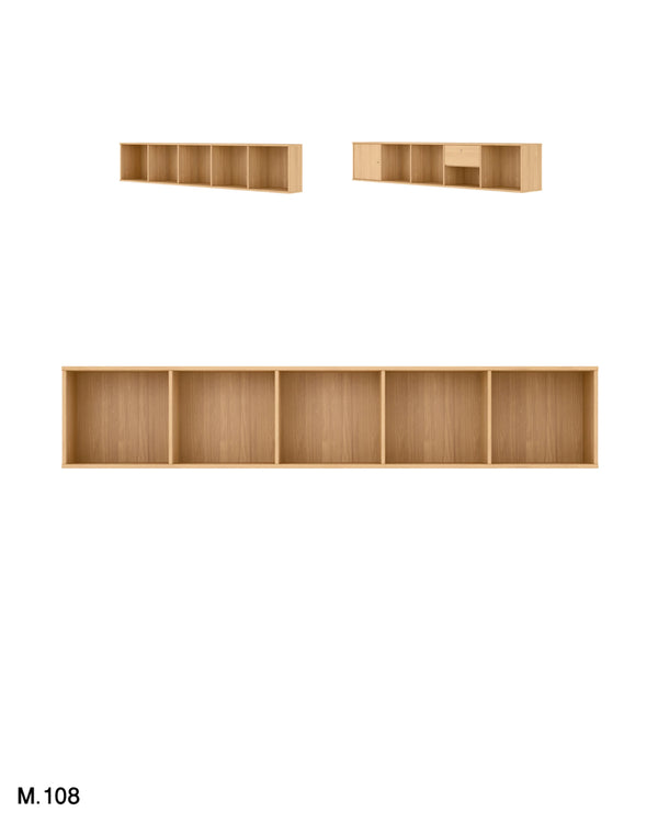 Three views of a light natural wood wall-mounted shelving unit on a white background, with the model number M.108 in the bottom-left corner.