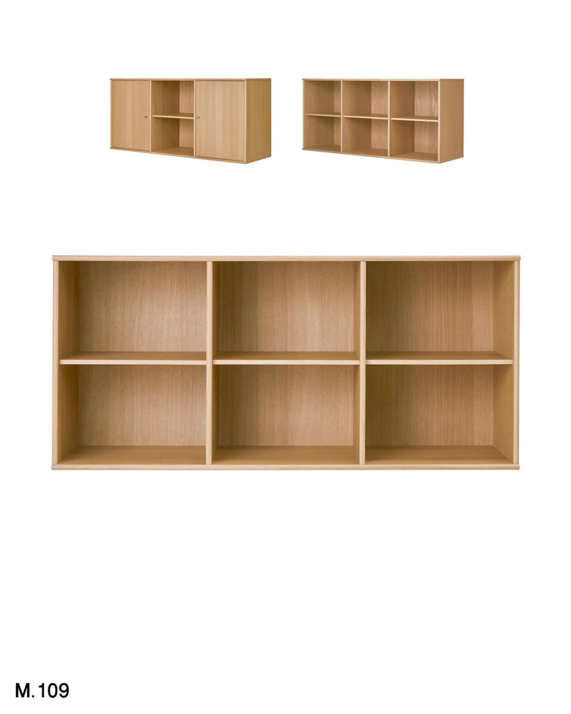 A light natural wood 6-compartment bookcase shown from the front, with two smaller angled views above it on a white background. The text 'M.