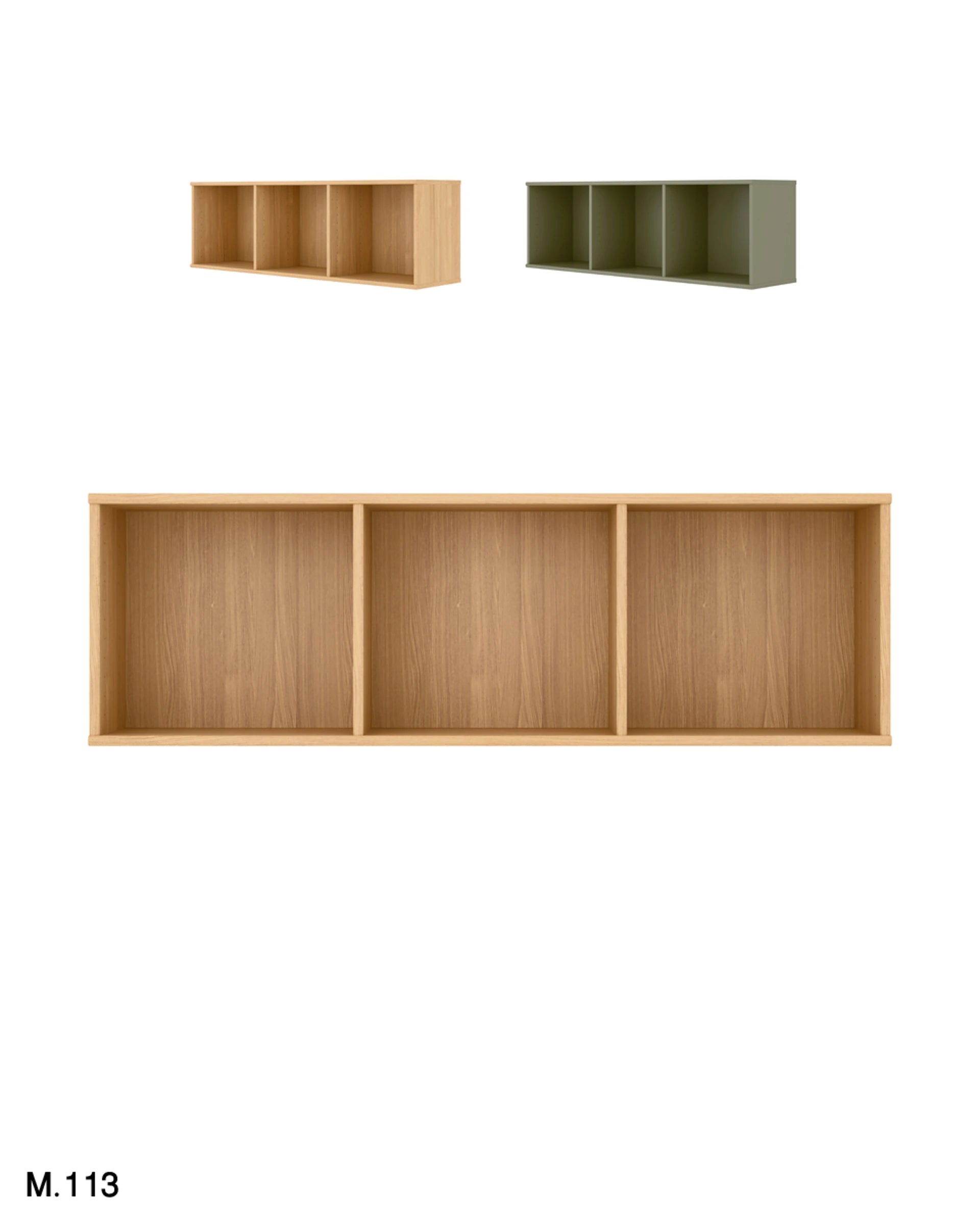 A three-compartment wall-mounted wooden shelf shown in a light natural wood finish, with two smaller variants shown above it in different colors (one light wood, one dark green). The image has a white background and the text 'M.