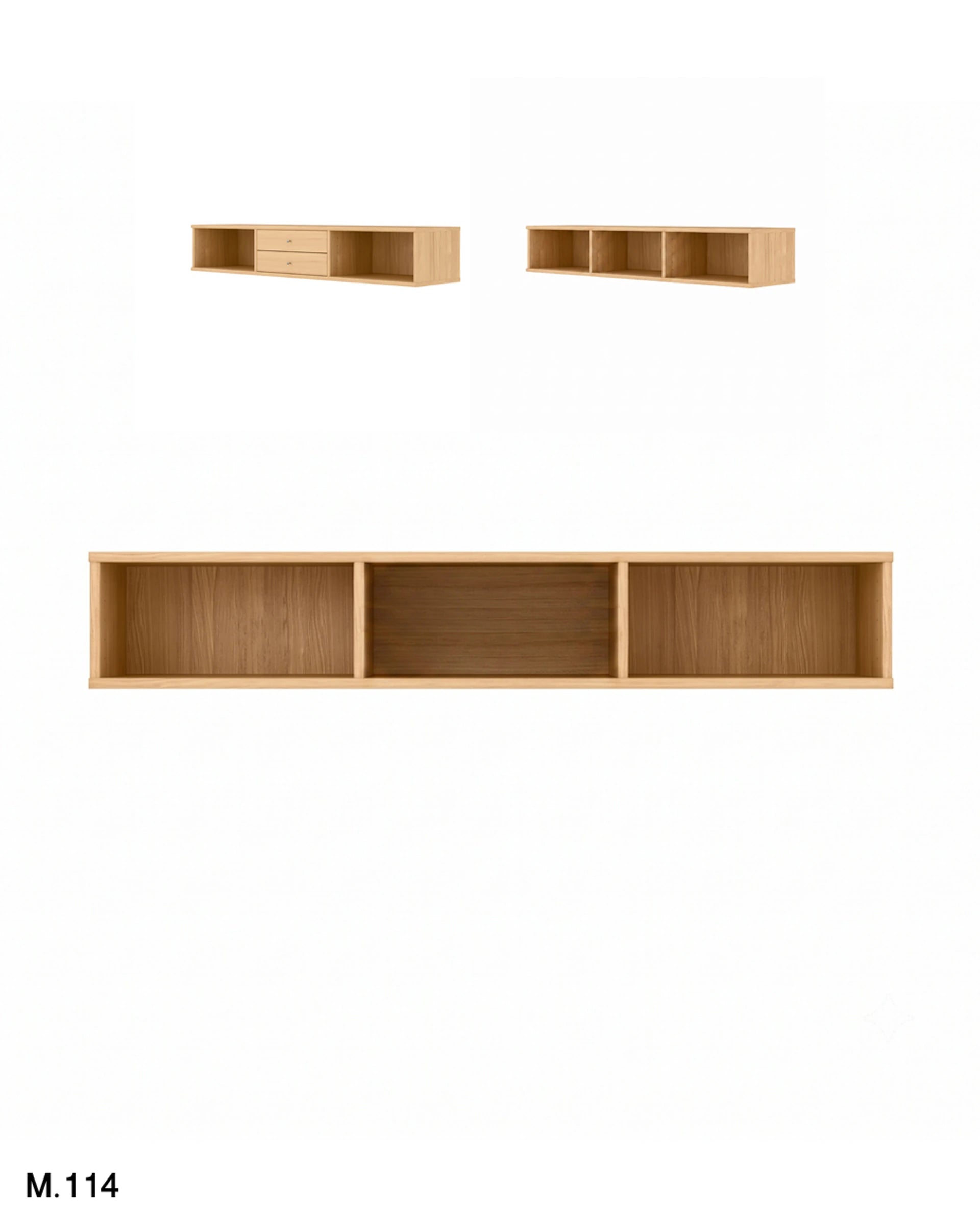 A light natural wood floating wall shelf system shown in three views: two smaller multi-compartment options at the top and one larger three-compartment option below, on a plain white background with the text 'M.114' in the bottom-left corner.