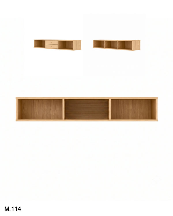 A light natural wood floating wall shelf system shown in three views: two smaller multi-compartment options at the top and one larger three-compartment option below, on a plain white background with the text 'M.114' in the bottom-left corner.