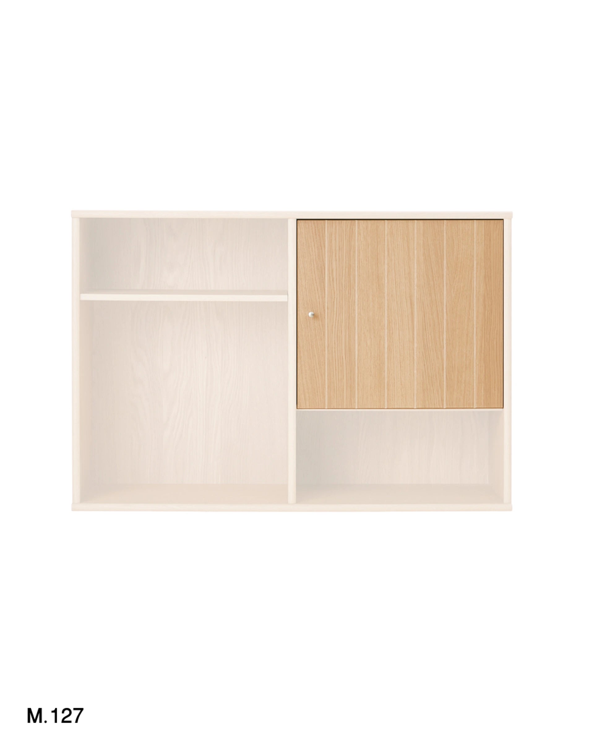 A wall-mounted storage cabinet with a light wood grain finish, featuring an open shelf on the left, a lower open compartment on the right, and a single light wood door with a small round knob on the upper right section.