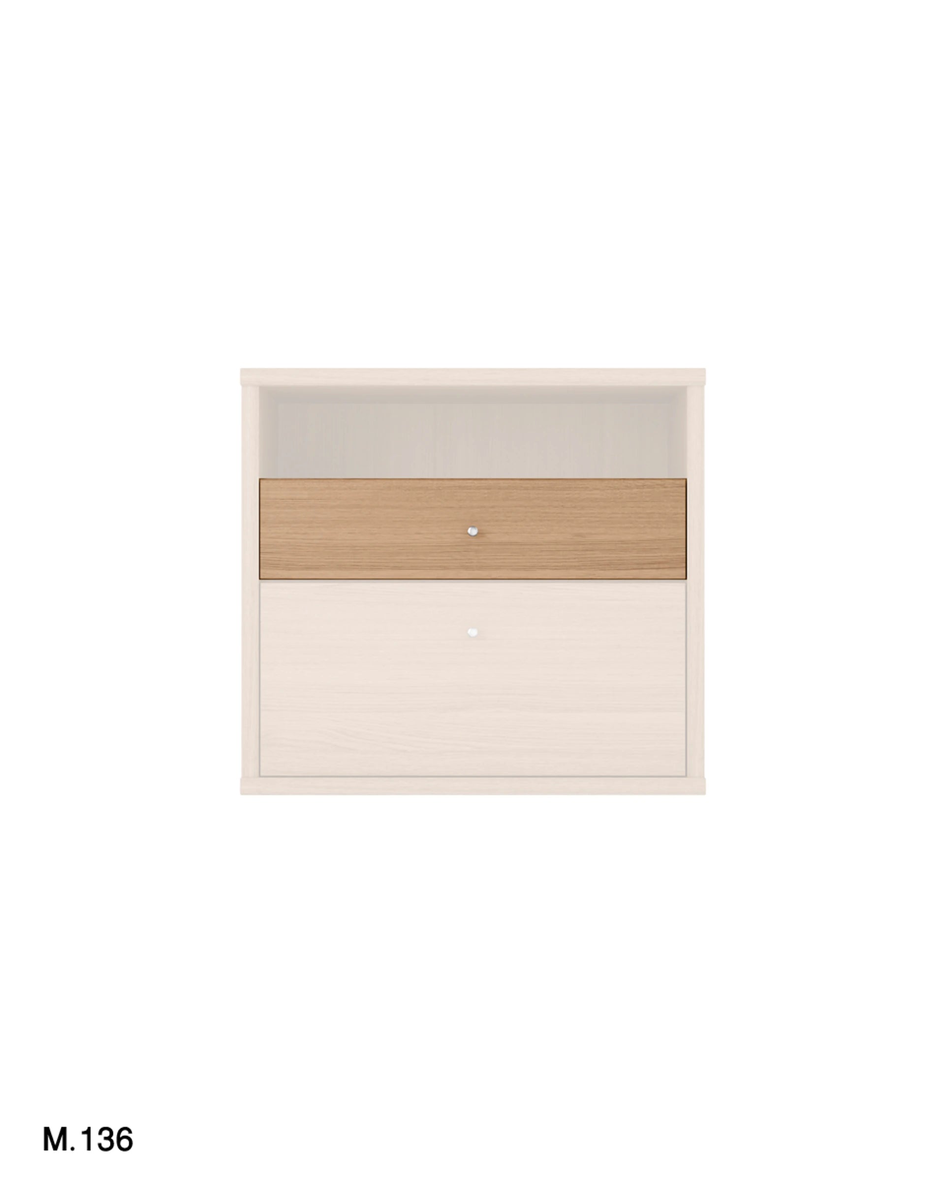 A modern wall-mounted nightstand or small cabinet in a light beige finish, featuring a single wood-grain drawer with a small round silver knob and a small round wall hook above it, shown on a plain white background.