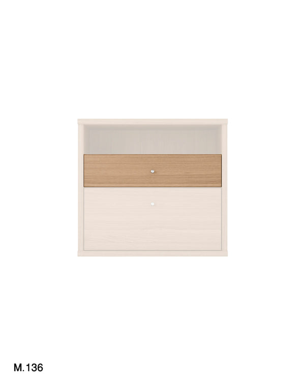 A modern wall-mounted nightstand or small cabinet in a light beige finish, featuring a single wood-grain drawer with a small round silver knob and a small round wall hook above it, shown on a plain white background.
