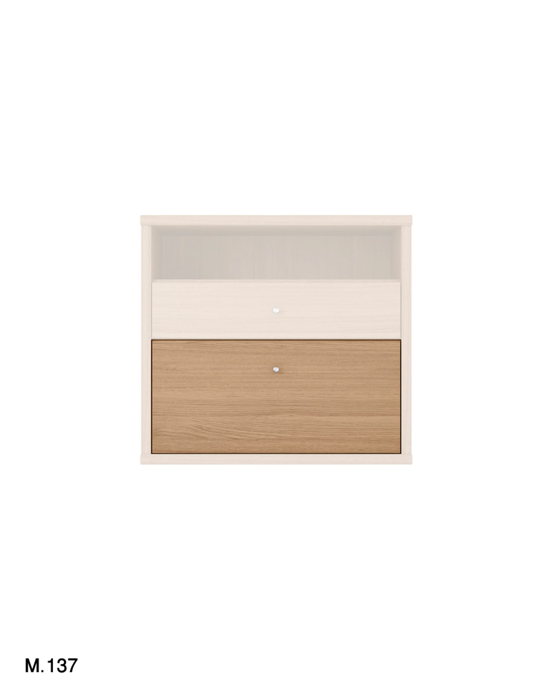 A modern two-tone drawer cabinet with a light beige top frame and drawer front, and a natural oak wood grain lower drawer front, shown on a plain white background.