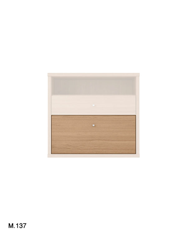A modern two-tone drawer cabinet with a light beige top frame and drawer front, and a natural oak wood grain lower drawer front, shown on a plain white background.